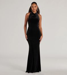 Make a mesmerizing impression in a long velvet dress that features a chic ruched halter neckline, halter neck ties, and a mermaid silhouette. Complete formal outfit with a sleek rhinestone clutch. Fit & FeaturesVelvet fabricationRuched halter necklineHalter neck tiesPartially open back, lower zipper and hook-eye closureMermaid silhouetteLong length hemRuns true to size Halter Mermaid Dress, Mermaid Dress Black, Orange Homecoming Dresses, Long Velvet Dress, Purple Homecoming Dress, Backless Dress Short, Green Homecoming Dresses, Beach Wedding Guest Dress, Black Tie Wedding Guests