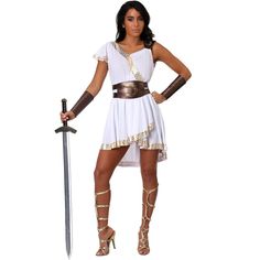 Become a fierce vision in white with this Olympian warrior costume. The wrap dress has a loose short sleeve on one shoulder and a faux leather strap on the other shoulder. The skirt is a wrap with a gold geometric trim. The dress is accessorized with a wide faux leather belt that's stamped with a gold leaf design and flexible arm gauntlets with stretchy bands with a breathable gap on the bottom. Warrior mode has never looked so gorgeous than in this brilliant white wrap dress!