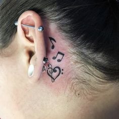 a woman with a music note behind her ear has a heart and musical notes on it