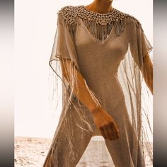 Such A Beautiful Piece!! Love This As A Cover Up Or For A Festival Concert Vacation Anything! Sold Out Online! Ships Same Day Elegant Beach Midi Dress With Fringe, Bohemian Short Sleeve Maxi Dress For Party, Bohemian Short Sleeve Maxi Dress For Evening, Bohemian Short Sleeve Evening Dresses, Elegant Beach Tunic Dress, Bohemian Short Sleeve Midi Dress For Party, Elegant Tunic Beach Dress, Summer Wedding Dress With Fringe, Zara Bohemian Short Sleeve Dress