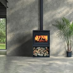 a fire place sitting next to a potted plant on top of a cement floor