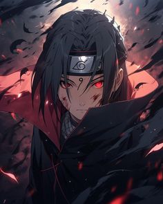 an anime character with black hair and red eyes, standing in front of dark clouds