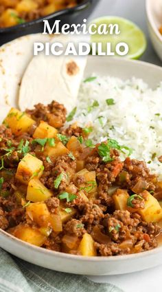 mexican picadillo with rice in a white bowl