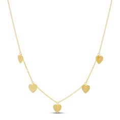 Hearts styled in 14K yellow gold dangle from a cable chain in this sweet choker necklace for her. The necklace adjusts to 17 inches in length and secures with a lobster clasp. Valentine's Day Charm Necklaces With Dangling Charms, Dainty Necklace With Dangling Charms For Valentine's Day, Valentine's Day Dangle Necklaces With Charms, Valentine's Day Dangling Charms Necklaces, Dainty Valentine's Day Necklace With Dangling Charms, Valentine's Day Necklace With Dangling Charms, Charm Choker Necklace, Heart Necklaces, Necklace For Her