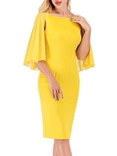 Women's Sheath Dress Knee Length Dress Yellow Half Sleeve Solid Color Print Summer Round Neck Hot Sexy S M L Xl Xxl Womens Sheath Dress, Pleated Sleeves, Dress Knee Length, Dress Yellow, Knee Length Dresses, Color Print, Long Maxi Dress, Half Sleeve, Yellow Dress