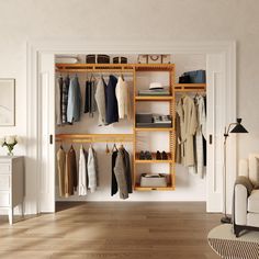 an open closet with clothes and shoes hanging on wooden shelves, in front of a white wall