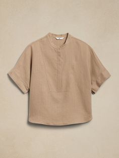 Linen Popover Shirt | Banana Republic Relaxed Fit Split Neck Top For Vacation, Linen Vacation Tops With Placket, Classic Linen Top With Shirttail Hem, Classic Linen Tops With Shirttail Hem, Chic Linen Top With Placket, Versatile Linen Tops For Vacation, Summer Workwear Tops In Flax Color, Chic Linen Tops With Shirttail Hem, Collared Linen Tops For Daywear