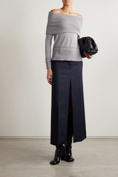 Max Mara's 'Leisure' collection is filled with easy to wear, timeless styles like this 'Tiglio' sweater. Knitted from wool, it has ribbed trims including the wide panel that folds snugly over the shoulders to frame your décolletage. Winter Work Wear, Winter Cardigan, Sports Suit, Shearling Jacket, Dress And Heels, Wool Sweater, Max Mara, Winter Wardrobe, Jeans Dress