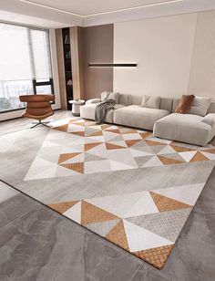 a modern living room with an orange and white rug