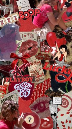 a collage of photos with red and black items on them, including paper hearts