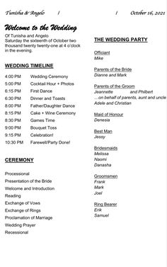 This document starts with Welcome to the wedding of… it includes the Wedding Timeline, Ceremony and wedding party information. Gifts For Wedding Coordinator, Dj Itinerary For Wedding, Wedding Officiant Template, Dj Script For Wedding, Dj Timeline For Wedding, Wedding Coordinator Checklist Day Of, Wedding Officiant Checklist, Wedding Day Of Coordinator