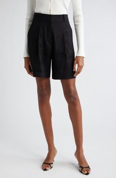 Veronica Beard Noemi Linen Blend Shorts | Nordstrom Classic Linen Bermuda Shorts For Summer, Relaxed Fit Linen Bermuda Shorts For Workwear, Chic Linen Shorts With Relaxed Fit, Chic Relaxed Fit Linen Shorts, Casual Linen Bermuda Shorts For Work, Summer Workwear Pleated Shorts, Chic Pleated Shorts For Workwear In Summer, Casual Wide Leg Pleated Shorts, Casual Workwear Bottoms With Box Pleat