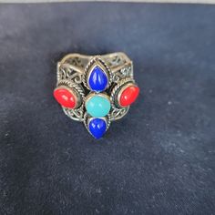 Vintage Sterling Silver Genuine Turquoise Lapis Coral Ring. Coral Ring, Ring Color, Genuine Turquoise, Beautiful Ring, Womens Jewelry Rings, Vintage Sterling Silver, Lady In Red, Beautiful Rings, Red Blue