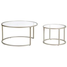 two tables with glass tops on each side and one table has a metal frame around it