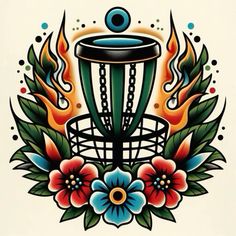 an image of a tattoo design with flames and flowers on the bottom half of it