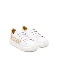 white/gold-tone calf leather studded logo detail gold-tone hardware contrasting heel counter round toe front lace-up fastening leather lining branded insole flat rubber sole White Lace-up Sneakers With Logo Plaque, Gold Leather Low-top Sneakers, Gold Low-top Sneakers With Metallic Logo, Gold Lace-up Sneakers With Metallic Logo, White Lace-up Sneakers With Metallic Logo, Designer Gold Lace-up Sneakers, Luxury Gold Lace-up Sneakers, Gold Casual Sneakers With Metallic Logo, Casual Gold Sneakers With Metallic Logo