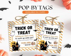 two trick or treat tags with bats and pumpkins