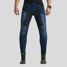 Biker jeans with breathable mesh online—excellent jeans for men from the 2022 Spring-Summer collection. Casual-style outfits are more comfortable to wear. Wearing stonewashed denim seems like a Western apparel fashion. A mid-waist where the waistband falls slightly above the widest part of your hips will make your hips appear thinner. The cotton fabric excels in breathability. They are perfect for rides on a motorcycle or scooter. Zip and button front fastening. Color: Black | Blue; Fit Type: Sl Biker Jeans For Biker Events, Casual Straight Leg Bottoms For Motorcycling, Casual Straight Leg Motorcycle Bottoms, Urban Denim Jeans For Outdoor, Biker Style Straight Leg Jeans For Streetwear, Moto Style Fitted Straight Leg Jeans, Fitted Moto Style Straight Leg Jeans, Biker Style Denim Straight Leg Bottoms, Biker Denim Bottoms For Streetwear