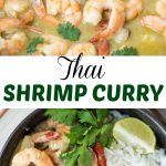 thai shrimp curry in a bowl with rice and cilantro