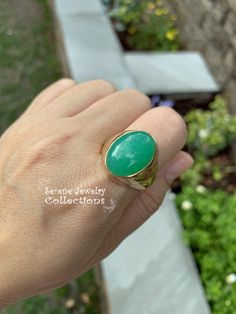 A beautiful simple Chrysoprase cabochon is the centerpiece of this 14k gold ring. It is rare to find chrysoprase in such fine green and even color tone! Ring Size: 9.5 Total Weight: 11.5 grams Precious Metal: 14k Yellow Gold Precious stones: -Chrysoprase Center Stone: 12.2 carats, 18.6mm x 13.3mm Hallmark: 14k Luxury Chrysoprase Emerald Ring As Gift, Luxury Chrysoprase Rings For Formal Occasions, Luxury Chrysoprase Ring As A Gift, Fine Jewelry Green Emerald Cabochon Ring, Green Cabochon Emerald Ring Fine Jewelry, Fine Jewelry Green Cabochon Emerald Ring, Fine Jewelry Emerald Green Oval Cabochon Ring, Green Oval Cabochon Emerald Ring, Yellow Gold Emerald Chrysoprase Cabochon Ring