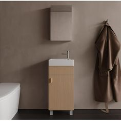 a white toilet sitting next to a sink in a bathroom under a brown towel hanging on the wall