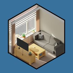 an overhead view of a living room with a couch and coffee table in the corner