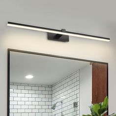 a bathroom mirror that has a light above it and a potted plant in front of it