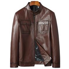 For A Refined, Sleek Look, Add This Cool Jacket To Your Wardrobe Staples. Featuring Two Front Flap Pockets And Ultra Lightweight Constructed From Lambskin Leather. Great For Outdoors And Party Wear! Features Outer Shell: Real Lambskin Leather Finish: Nappa Lining: Fully Lined With Polyester Taffeta Closure Style: Front Metal Button Closure Collar Style: Mandarin Cuffs Style: Button Snap Outside Pockets: 2 Front Flap Patch Pockets Inside Pocket: One Zippered Pocket Luxury Brown Business Outerwear, Luxury Brown Outerwear For Business, Winter Brown Leather Jacket With Pockets, Brown Leather Jacket With Pockets For Winter, Luxury Brown Leather Jacket With Pockets, Luxury Brown Outerwear With Pockets, Classic Brown Leather Jacket For Winter, Brown Fitted Masculine Leather Jacket, Masculine Fitted Brown Leather Jacket