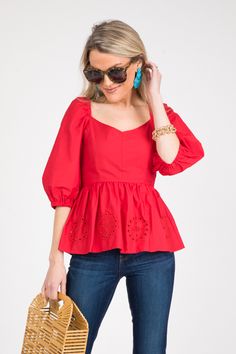 Eyelet Peplum Top, Fiery Red - New Arrivals - The Blue Door Boutique Fitted Cotton Peplum Top For Day Out, Cotton Peplum Blouse For Day Out, Red Cotton Blouse For Brunch, Cotton Peplum Top For Day Out, Summer Cotton Peplum Top, Cotton Peplum Top For Brunch, Summer Peplum Cotton Blouse, Summer Cotton Peplum Blouse, Spring Cotton Peplum Top For Day Out