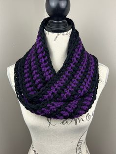 Handmade crochet infinity scarf Yarn is 100% acrylic  Color: black & eggplant striped (VC) Length is 60 inches  Width is 5 inches  Care Institutions: Hand wash and lay flat to dry. Black Crochet Scarves For Winter, Handmade Black Scarf For Fall, Handmade Black Scarves For Fall, Purple Crochet Yarn Scarves, Purple Crochet Scarf One Size, Purple Crochet Scarves One Size, Purple Yarn Scarf, One Size Purple Crochet Scarf, Crochet Eggplant