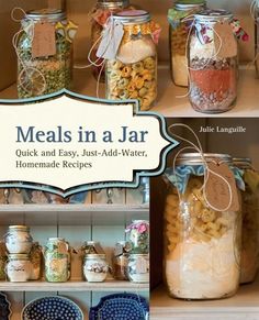 several jars filled with food sitting on top of a shelf