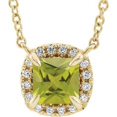 14KT Gold .40 CT Princess Cut Peridot and .06 CTW Round Brilliant Diamond Cushion Halo Necklace. 16" or 18" Cable Link Chain With Spring Ring Clasp. Cushion Halo, Halo Necklace, Yellow Gold Solitaire, Peridot Stone, Peridot Gemstone, Diamond Charm, August Birth Stone, Fine Jewellery Necklace, Diamond Halo