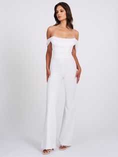 We wanted something soft, clean, and elegant so Sherlyn is what we created! Cut from a soft stretch crepe this fully lined jumpsuit is a must add to your summer white wardrobe. Featuring a boned corset bodice, silk pleated draping details, and a straight leg fit with a flared hem. This sleek jumpsuit channels iconic energy. Boned Corset Bodice Draping Shoulders Flared Leg Materials: Stretch Crepe / Silk Pleated / Boned Corset Length: Approx 52.3inch / 140cm lnside Seam Length of Trousers: Approx Elegant Floor-length Strapless Jumpsuit For Formal Occasions, Elegant Formal Floor-length Strapless Jumpsuit, Elegant Strapless Elastane Jumpsuit For Party, Fitted Jumpsuits And Rompers For Gala In Summer, Fitted Summer Jumpsuits And Rompers For Gala, Fitted Jumpsuits And Rompers For Summer Gala, Fitted Floor-length Strapless Jumpsuit For Evening, Fitted Floor-length Jumpsuits And Rompers For Date Night, Fitted Full Length Jumpsuits For Evening