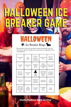 halloween ice breaker game with people in costumes holding pumpkins and smiling at the camera