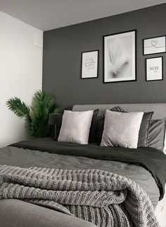 a bedroom with grey walls and pictures on the wall above the bed, along with a plant