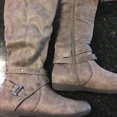 Fergalicious Bridges Knee High Tall Boots In Color Doe (Taupe Brown) Brand New In Box Size 7.5 Us Side Zipper Closure And Elastic Panel Rounded Toe Decorative Straps & Buckle At Ankle Padded Foot Bed. Faux Leather Outer. Heel 1/2” Shaft 16” Smoke Free Home. All My Items Are Guaranteed Authentic $80 Retail Knee High Boots Taupe, Tan Riding Boots, Taupe Boots, Black High Boots, Black Knee High Boots, Foot Bed, Tall Boots, Brown Suede, Over The Knee Boots