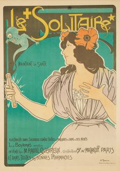 an old poster with a woman holding a wand in her right hand and the words solitaire on it