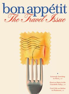 the cover of bon appetit's novel, the travel issue with a fork sticking out of it