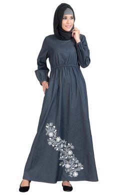 Floral embroidered fit and flared arabian abaya dress - EastEssence.com Modest Floral Embroidered Abaya For Eid, Fitted Embroidered Maxi Abaya, Embroidered Fitted Maxi Length Abaya, Embroidered Fitted Maxi-length Abaya, Modest Maxi Length Abaya For Fall, Fitted Embroidered Maxi-length Abaya, Fall Season Modest Maxi Length Abaya, Fall Modest Maxi Length Abaya, Modest Abaya With Modesty Panel For Spring