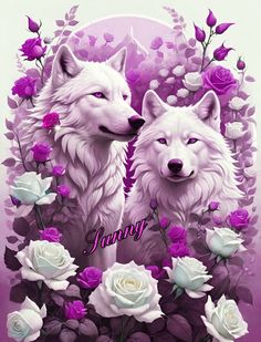 two white wolfs surrounded by roses and purple flowers with the words january written below