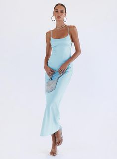 Maxi dress Slim fitting Princess Polly Lower Impact 100% reclaimed polyester  Silky material Adjustable shoulder straps Scooped neckline Elasticated back strap Invisible zip fastening at back Non-stretch Fully lined Light Blue Maxi Dress, Princess Polly Dress, Stylish Maxi Dress, Prom Dress Inspo, Vegas Dresses, Baby Blue Dresses, Homecoming Outfits, Long Blue Dress, Blue Dress Formal