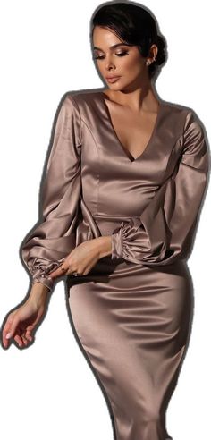 Satin Stretch Midi Dress, Stretch Satin Sheath Dress, Elegant V-neck Midi Dress With Elastic Sleeves, Fitted Satin V-neck Mini Dress, Elegant Formal Dresses With Elastic Sleeves, Chic V-neck Satin Dress For Fall, Elegant Party Dress With Elastic Sleeves, Evening Elastane Dress, Elegant Party Midi Dress With Elastic Sleeves