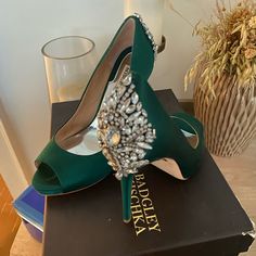 In Great Condition Wore For My Wedding Peacock Shoes, Green Peacock, Shoes Green, Badgley Mischka Shoes, Rhinestone Shoes, Peacock Green, Wedding Heels, Shoes Color, Green Wedding