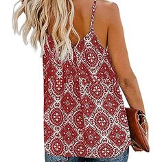 Red Print Spaghetti Strap Tank Top Tank Top Straps, V Neck Tank Top, Summer Crop Tops, Womens Tops Summer, Women Tunic Tops, Boho Print, Womens Tunics, Printed Tank Tops, Outfits Summer