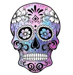 a sugar skull with flowers on it's face and cross in the middle,