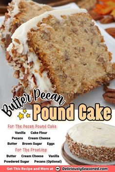 an advertisement for a pound cake with pecan toppings on the top and bottom