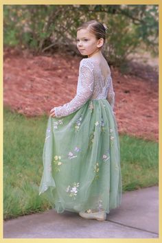 Sage Floral Embroidery Flower Girl Dress Looking for the perfect flower girl dress for your wedding or special occasion? This stunning sage green floral embroidery dress exudes elegance with its intricate designs and sage tones. Your flower girl will be the epitome of grace and charm as she makes her way down the aisle in this captivating creation. The dress features a soft lace bodice with an open V shaped lace trimmed back. The long flowing tulle skirt is lined and has layers of tulle and deep ruffle hemline giving it a mermaid feel. No little girl with be able to resist giving this dress a twirl as this dress just flows with extra amounts of volume. It is perfect for twirling. This dress can be used for many events think weddings for your flower girl, a dress for Easter, a daddy daughte Sage Flower Girl Dress, Elegant Wedding Themes, Long Flower Girl Dresses, Floral Embroidery Dress, Sage Green Floral, Sage Green Dress, Sage Dress, Infant Flower Girl Dress, White Flower Girl Dresses