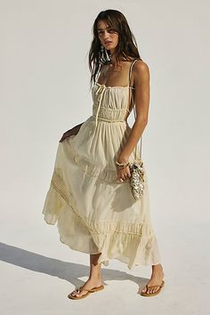 Just as effortless as it is versatile, this wear-everywhere maxi from our free-est collection is featured in a billowy, tiered silhouette with smocked detailing at the bodice and front tie detailing for added dimension. * Open back design * Adjustable, tie-back style * Lined | Taking Sides Maxi Dress by free-est at Free People in White, Size: M Summer Work Dresses, Women Maxi Dresses Summer, Maxi Robes, Style Maxi Dress, Back Design, Summer Maxi Dress, Boho Dress, Boho Outfits, Summer Women