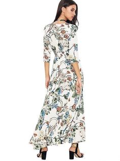 Pretty Bohemia Floral Printed V Neck Maxi Dress - rrdeye Non-stretch Long Sleeve Maxi Dress For Beach, Non-stretch Long Sleeve Maxi Beach Dress, White Non-stretch Maxi Dress For Beach, Non-stretch White Maxi Dress For Beach, Casual Half-sleeve Maxi Dress For Beach, Casual Half Sleeve Maxi Dress For Vacation, Casual Half Sleeve Maxi Dress For Beach, Non-stretch Long Beach Dresses, White Non-stretch Maxi Dress For Vacation