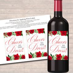 wine bottle label with roses and cheers to the bride on it next to an envelope